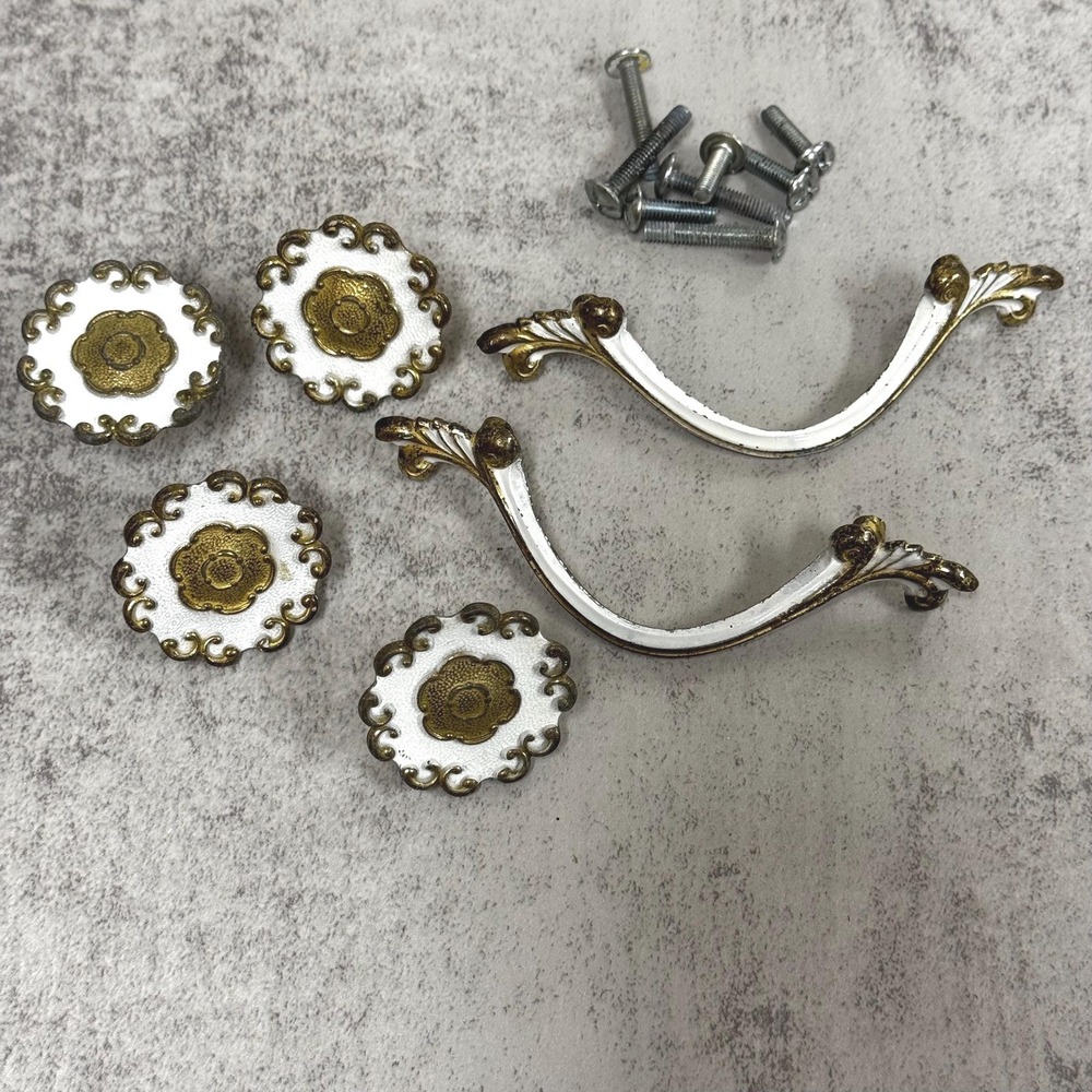 Vtg French Provincial Dresser Hardware: Brass & White Handles Knobs, Set of 6
